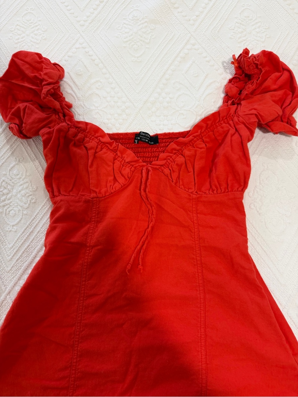 Bershka Red Ruched Puff-Sleeve Mini Dress - Picture 2 of 6